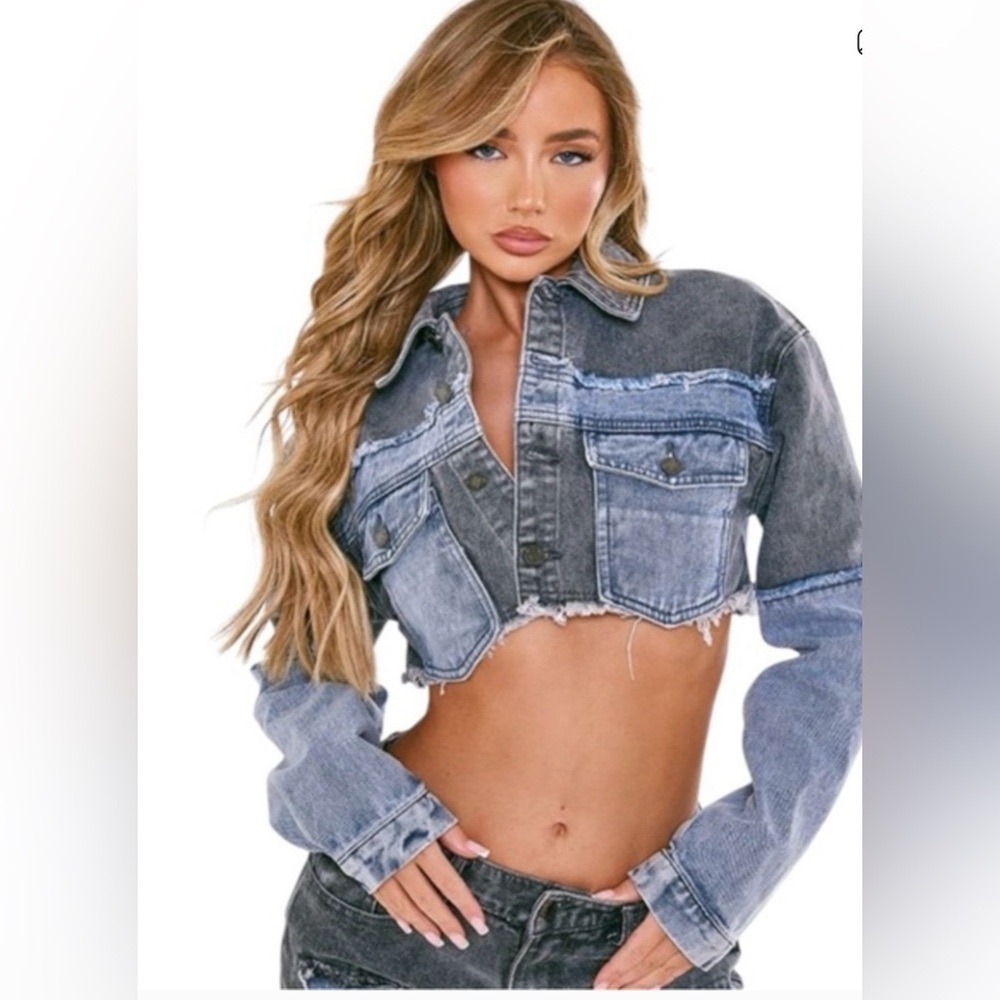 PrettyLittleThing Black and Blue Denim Jacket